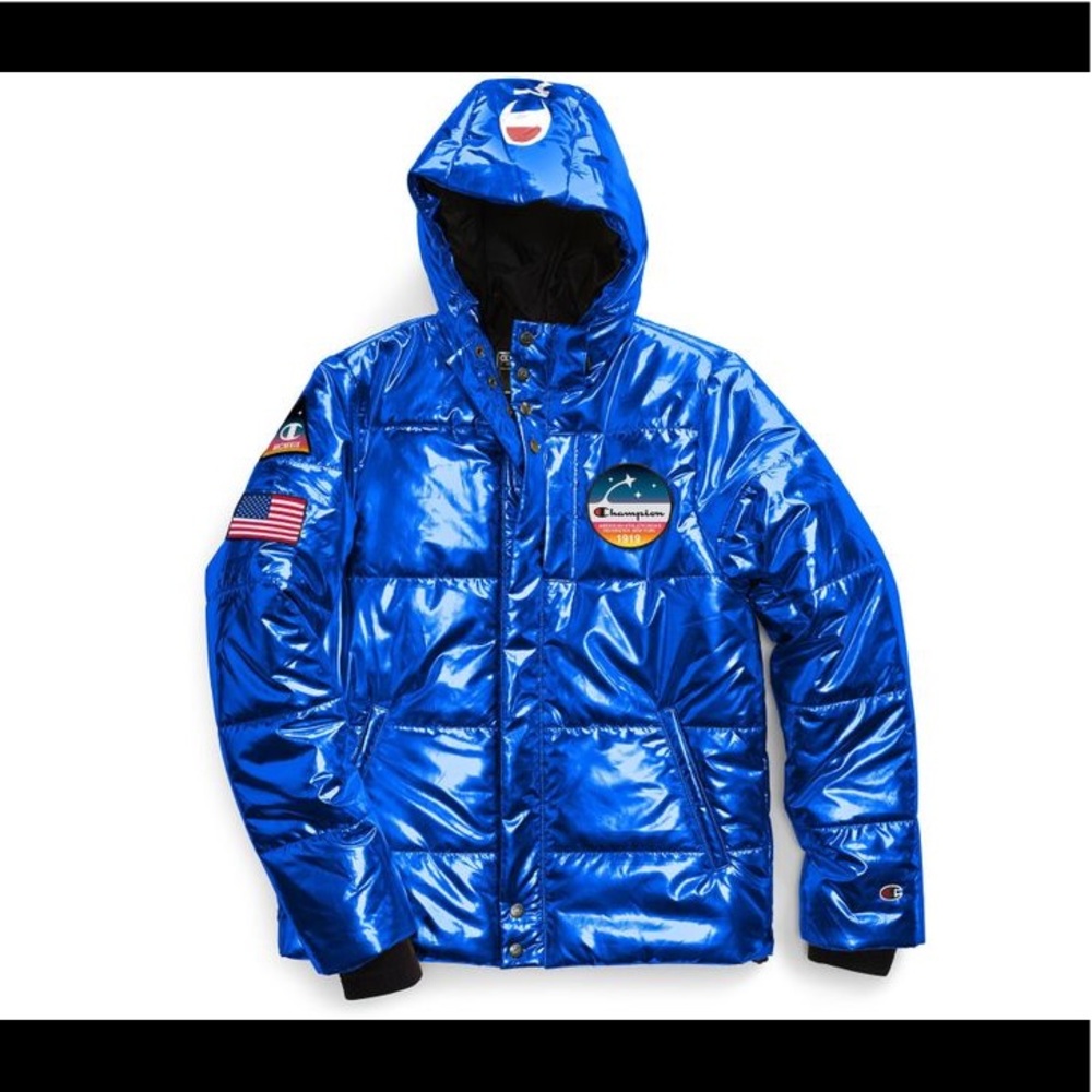 champion electric blue metallic puffer jacket